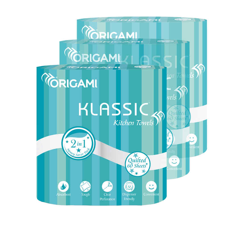 Origami Klassic 2 Ply Kitchen Towel Paper Roll - Pack Of 2 - 60 Pulls Per Roll Combo 
