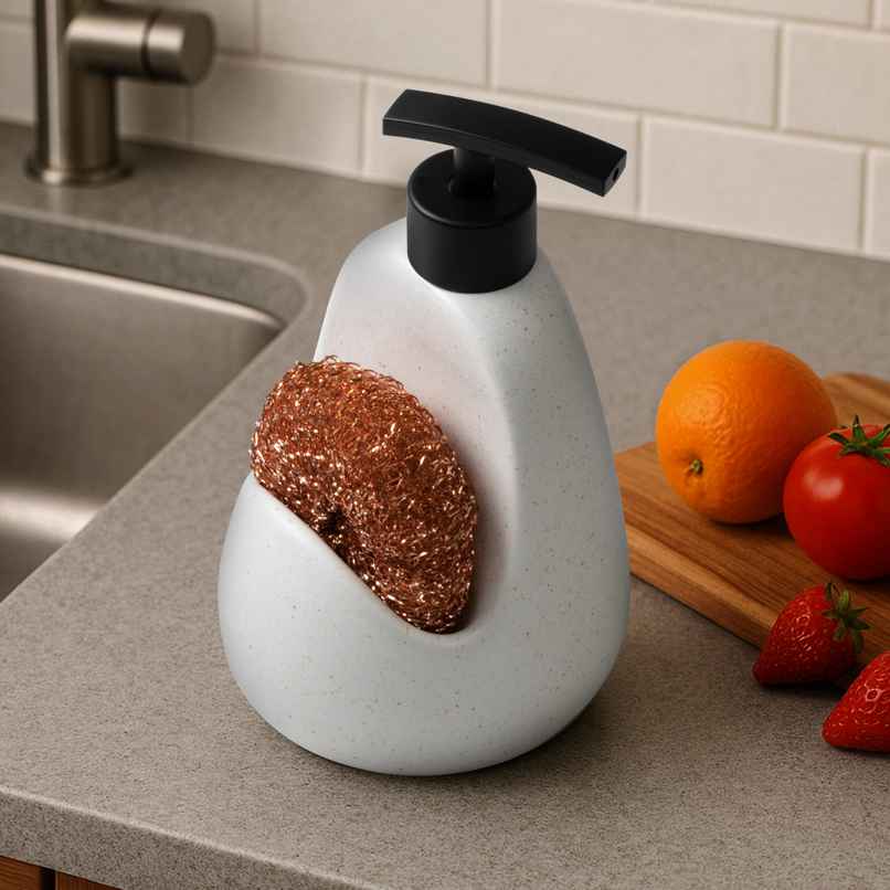 Plantex Liquid Soap Dispenser with Scrubber | Ceramic | Off-White-Black Plantex Liquid Soap Dispenser with Scrubber | Ceramic | Off-White-Black
