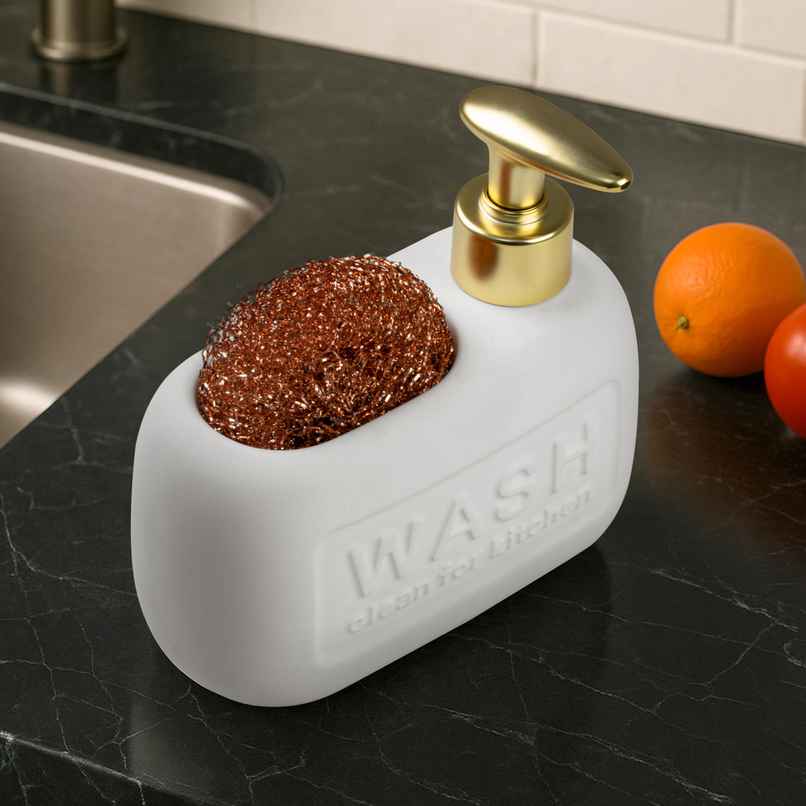 Plantex Liquid Soap Dispenser with Scrubber | Ceramic | Off-White-Gold Plantex Liquid Soap Dispenser with Scrubber | Ceramic | Off-White-Gold