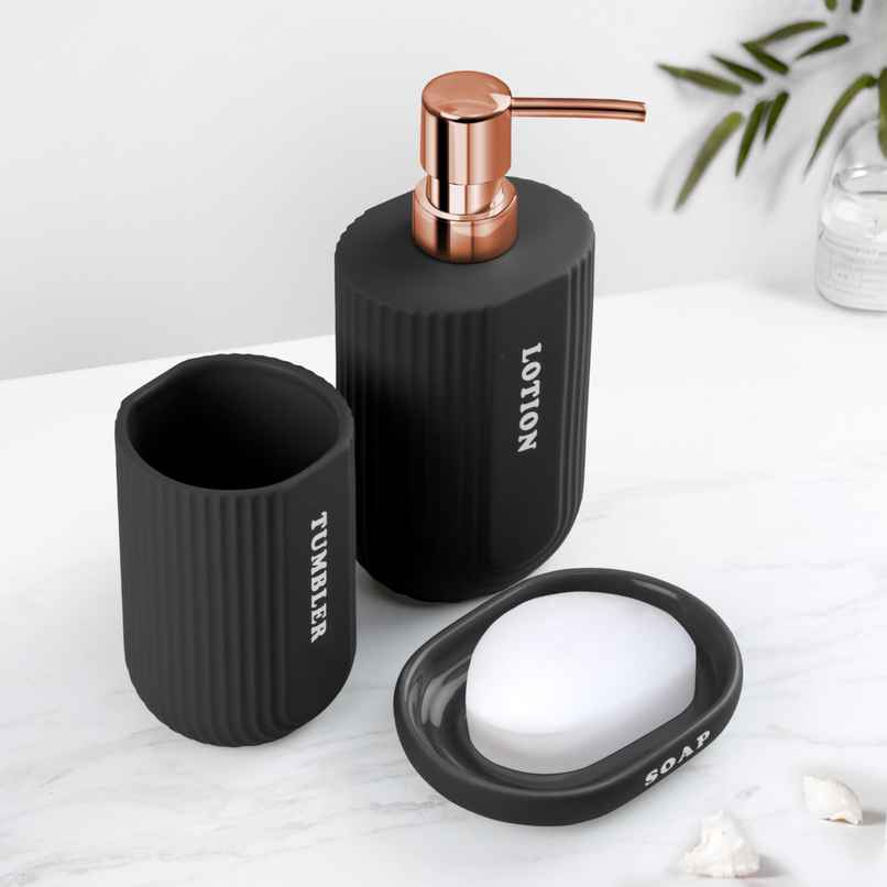 Plantex Bathroom Accessories Set | Soap Dispenser, Soap Case/Holder with Tumbler | Ceramic | Black-Rose Gold Plantex Bathroom Accessories Set | Soap Dispenser, Soap Case/Holder with Tumbler | Ceramic | Black-Rose Gold