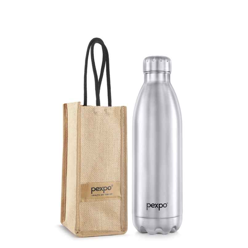 Pexpo Stainless Steel Electro 24 Hrs Hot & Cold Vacuum Flask With Jute Bag Bottle | Silver | 1.5 L