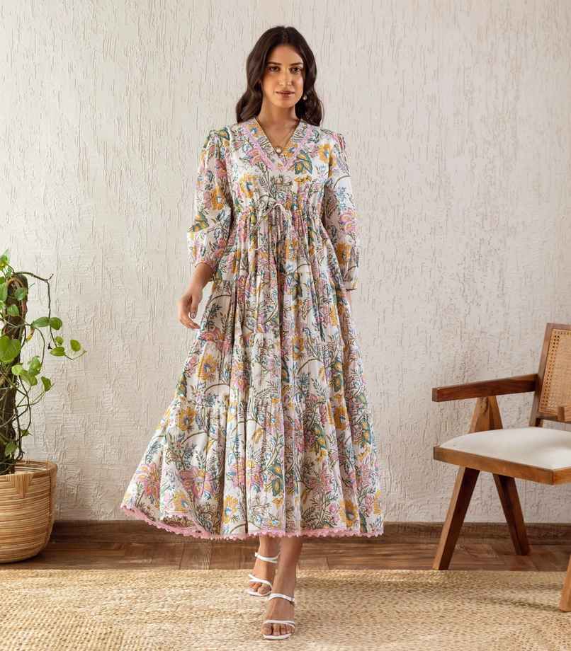 Sheetal Associates Women Fit and Flare V Neck Maxi Dress | 12082 | White - S