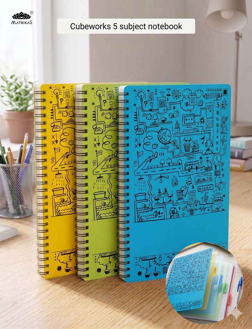 Matrikas Cubeworks NEON Spiral 5 Subject Notebook |Ruled| Wire-O-Wire| A5 Size | 300 Pages | Assorted