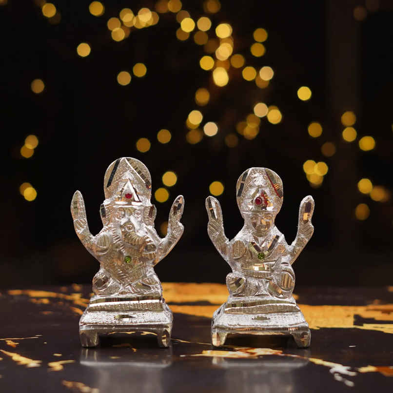 Lakshmi and Ganesh Silver Plated Idol | 4 Inch | ServDharm
