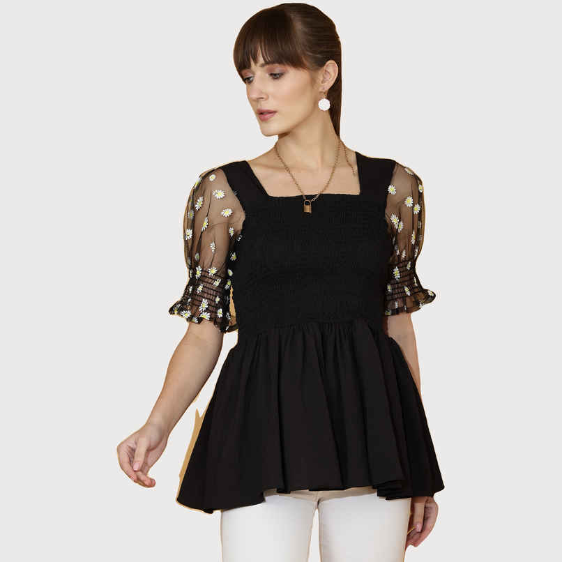 Sheetal Women's Self Design Gathered Top | 5171 | Black - M