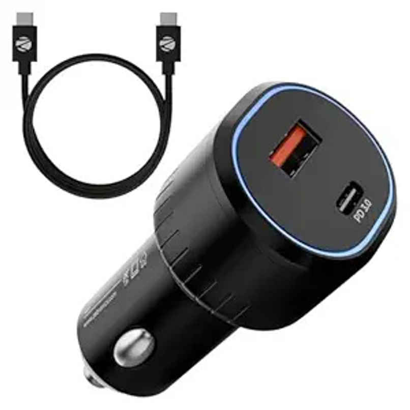 Zebronics CC52 52W Car Charger, Dual USB & Type-C, 1m Type-C Cable, Rapid Charge | Black