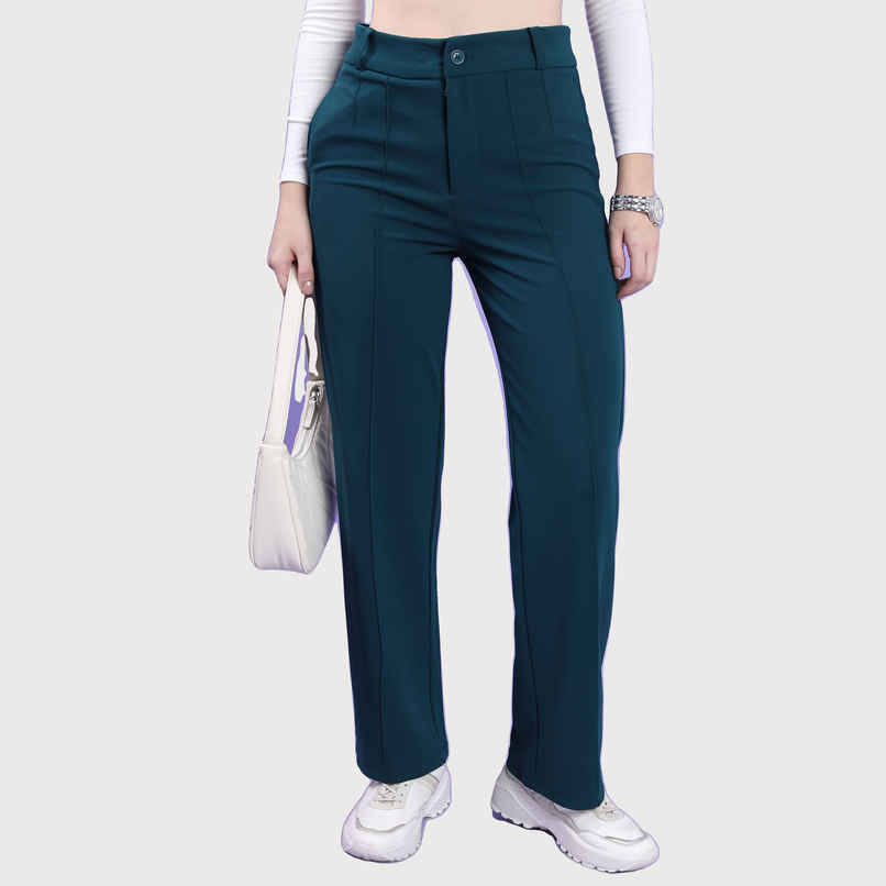 Tokyo Talkies Women's High-Rise Straight Fit Trouser | Teal - 28