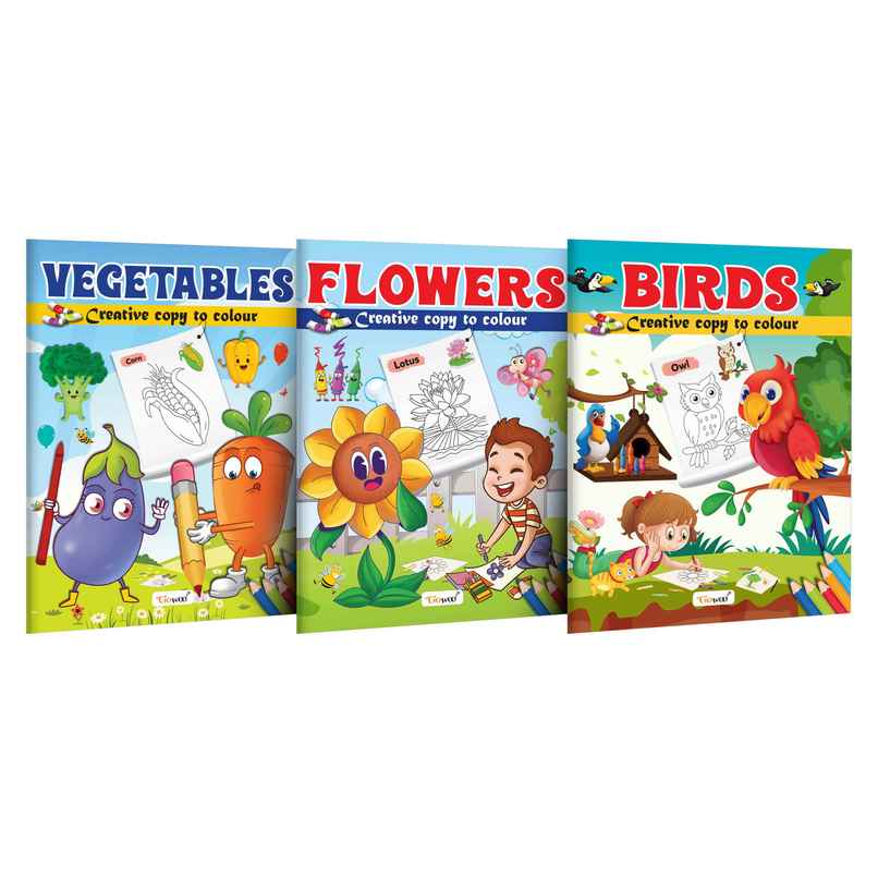 Vegetables | Flowers & Birds - Creative Copy to Colour Book -colouring Book for Children-combo of 3