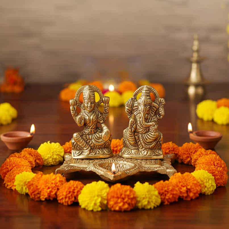 Pure Metal Lakshmi Ganesh Idol with Diya for Puja, Mandir & Diwali Decoration | Cycle