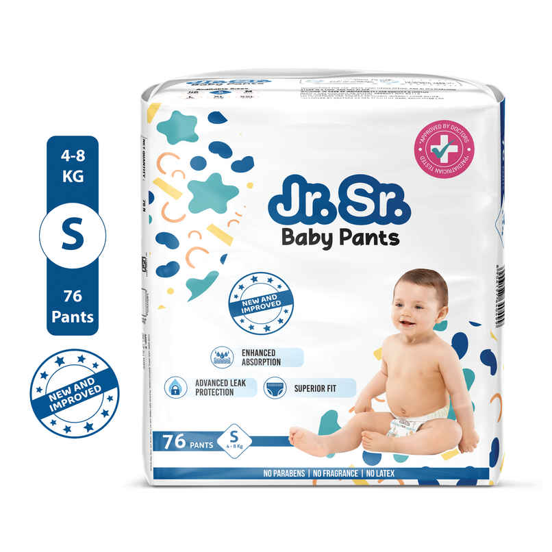 Jr. Sr. Baby Pant Style Diaper | S | 76 pcs | Upto 12 Hours Protection, Wetness Indicator Jr. Sr. Baby Pant Style Diaper | S | 76 pcs | Upto 12 Hours Protection, Wetness Indicator