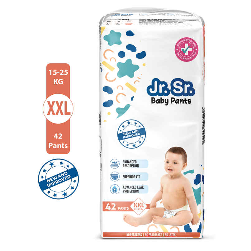Jr. Sr. Baby Pant Style Diaper | 2XL | 42 pcs | Upto 12 Hours Protection, Wetness Indicator Jr. Sr. Baby Pant Style Diaper | 2XL | 42 pcs | Upto 12 Hours Protection, Wetness Indicator