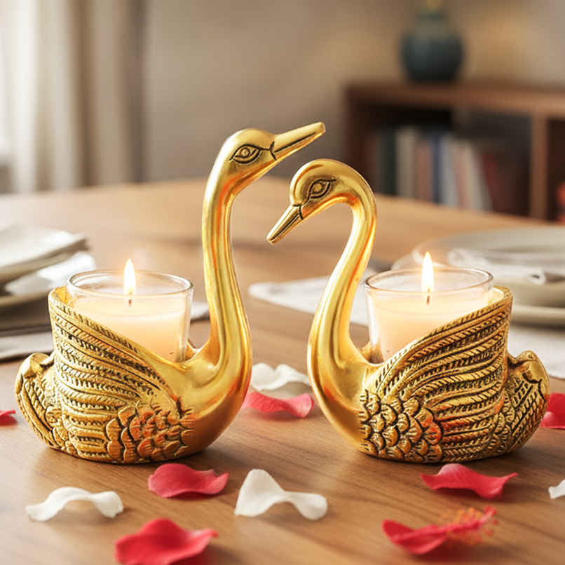 HINDCRAFT Pair of Golden Swan Candle Holders Tabletop Stand Gift for Love & Luck