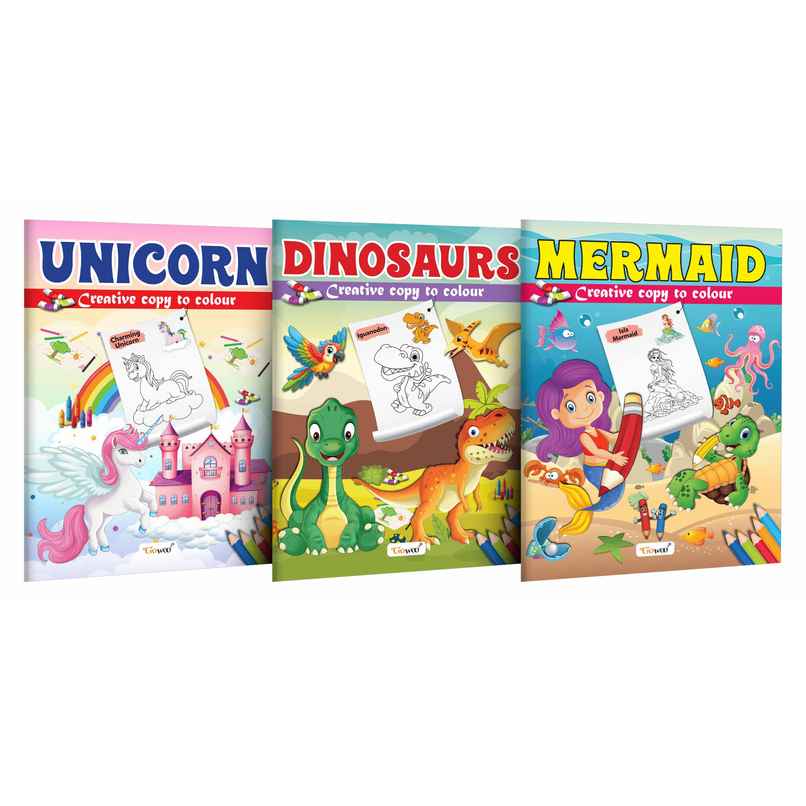 Unicorn | Dinosaurs & Mermaid - Creative Copy to Colour Book - Coloring Book for Toddlers-Pack of 3