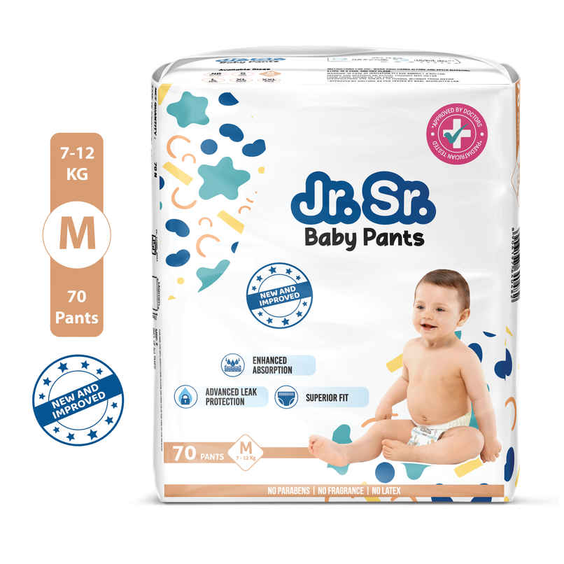 Jr. Sr. Baby Pant Style Diaper | M | 70 pcs | Upto 12 Hours Protection, Wetness Indicator Jr. Sr. Baby Pant Style Diaper | M | 70 pcs | Upto 12 Hours Protection, Wetness Indicator