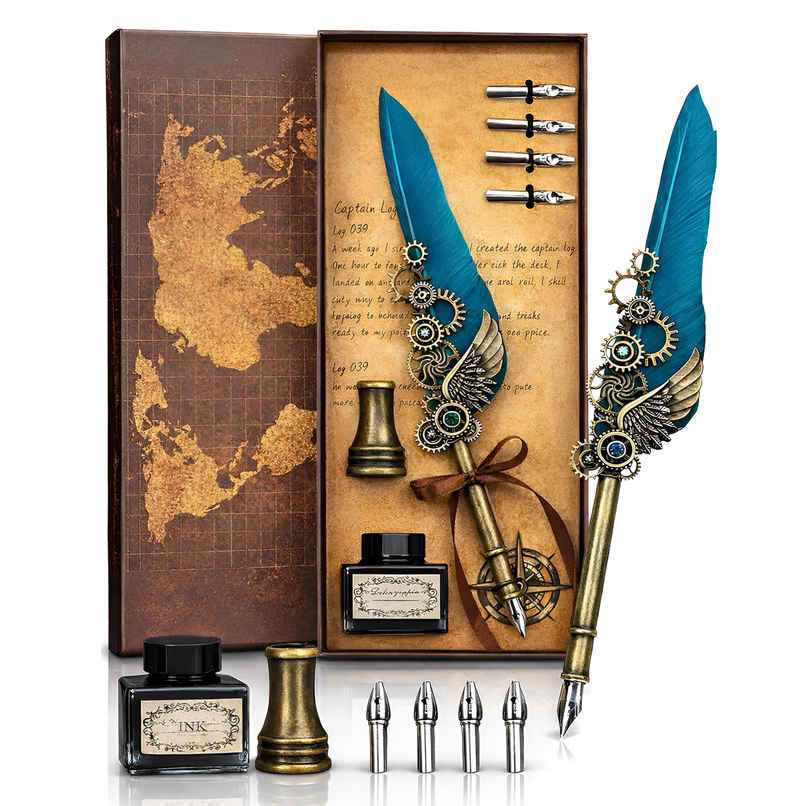 Toyshine Royal Blue Feather Quill Calligraphy Pen Set with Ink & Nibs