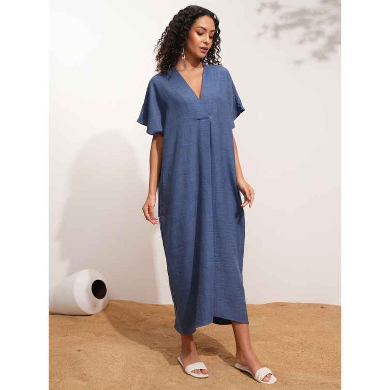 Tokyo Talkies Women's Solid Kaftan Holiday Midi Dress | Indigo - S