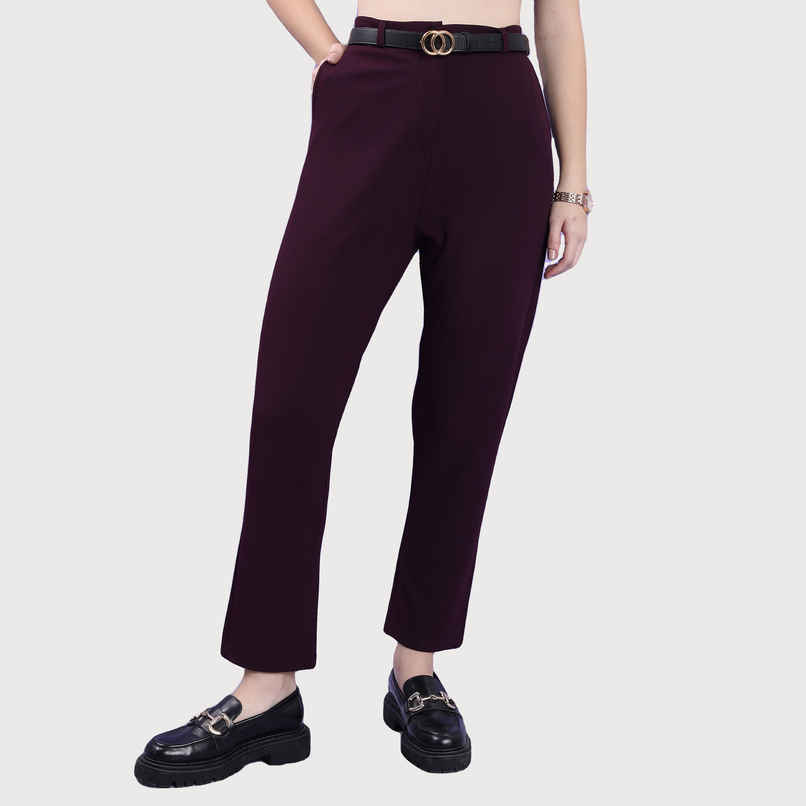 Tokyo Talkies Women's Slim Fit High-Rise Trouser | Plum - 30 Tokyo Talkies Women's Slim Fit High-Rise Trouser | Plum - 30