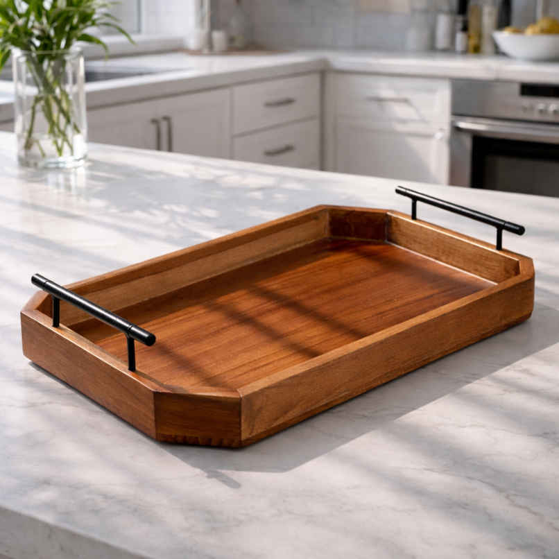Estoria Collective Teak Wooden Serving Tray with Metal Handle Estoria Collective Teak Wooden Serving Tray with Metal Handle