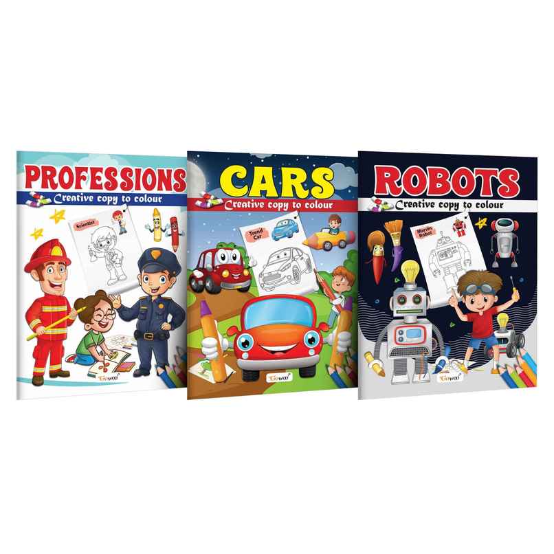 Professions | Cars and Robot - Creative Copy to Colour Book - Kids Colouring Book | Combo of 3 Professions | Cars and Robot - Creative Copy to Colour Book - Kids Colouring Book | Combo of 3