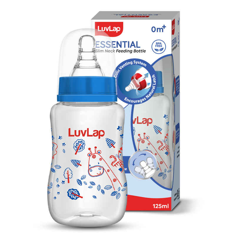 LuvLap Baby Essential Slim Neck Feeding Bottle | Jungle Tales with Anti Colic Nipple | Blue - 125 ml