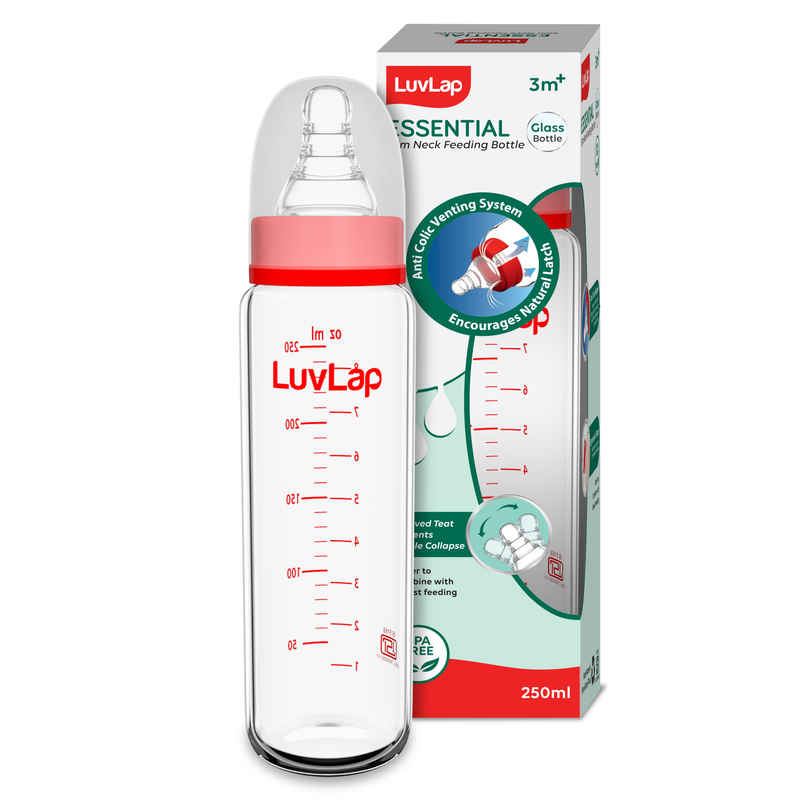LuvLap Essential Slim Neck Glass Feeding Bottle | 3M Babies Upto 3 Years White and Red | 250 ml