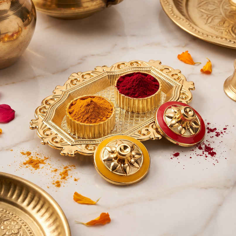 Gold Oval Shape Puja Thali for Rakhi, Pooja, Home Temple & Festive Decor | From House of Cycle Gold Oval Shape Puja Thali for Rakhi, Pooja, Home Temple & Festive Decor | From House of Cycle