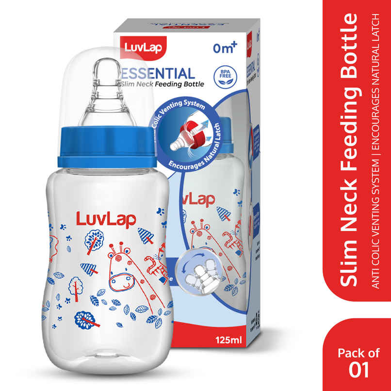 LuvLap Baby Essential Slim Neck Feeding Bottle | Jungle Tales with Anti Colic Nipple | Blue - 125 ml LuvLap Baby Essential Slim Neck Feeding Bottle | Jungle Tales with Anti Colic Nipple | Blue - 125 ml