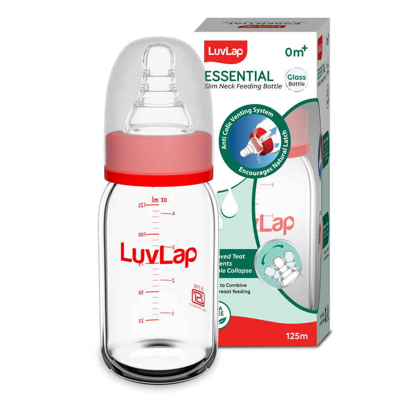 LuvLap Essential Slim Neck Glass Feeding Bottle | 0m Babies Upto 3 Years White and Red | 125 ml