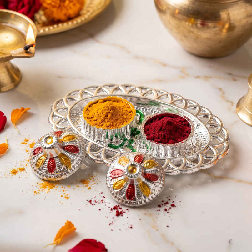 Silver Oval Shape Puja Thali for Rakhi, Pooja, Home Temple & Festive Decor | From House of Cycle Silver Oval Shape Puja Thali for Rakhi, Pooja, Home Temple & Festive Decor | From House of Cycle