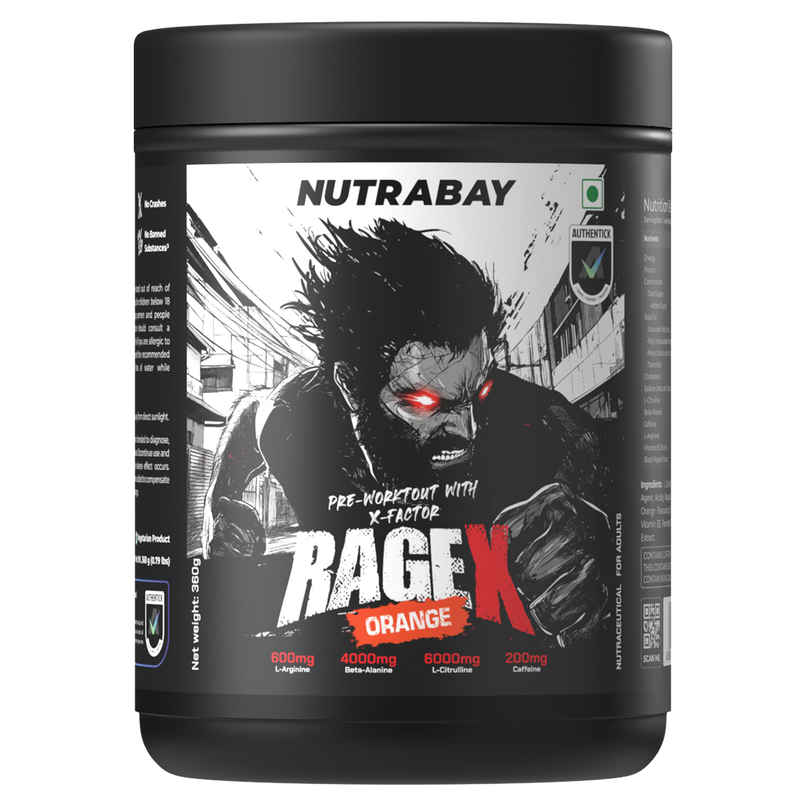 Nutrabay RageX Pre Workout Supplement Powder | 360 g Orange 200 mg Caffeine 4 g Beta Alanine