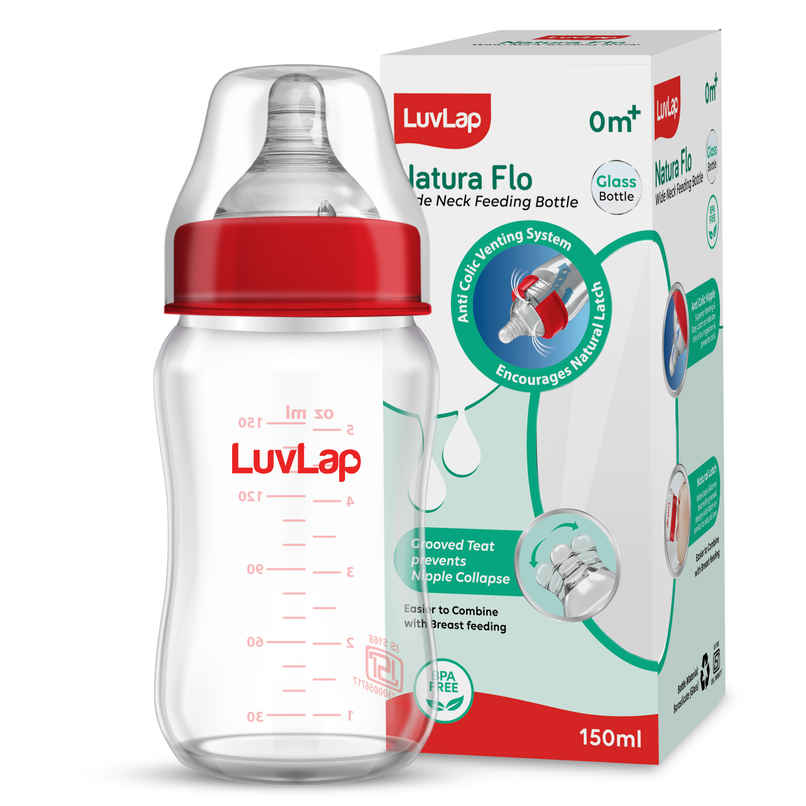 LuvLap Natura Flo Wide Neck Glass Feeding Bottle | Newborn Infants and Toddlers BPA Free | 150 ml