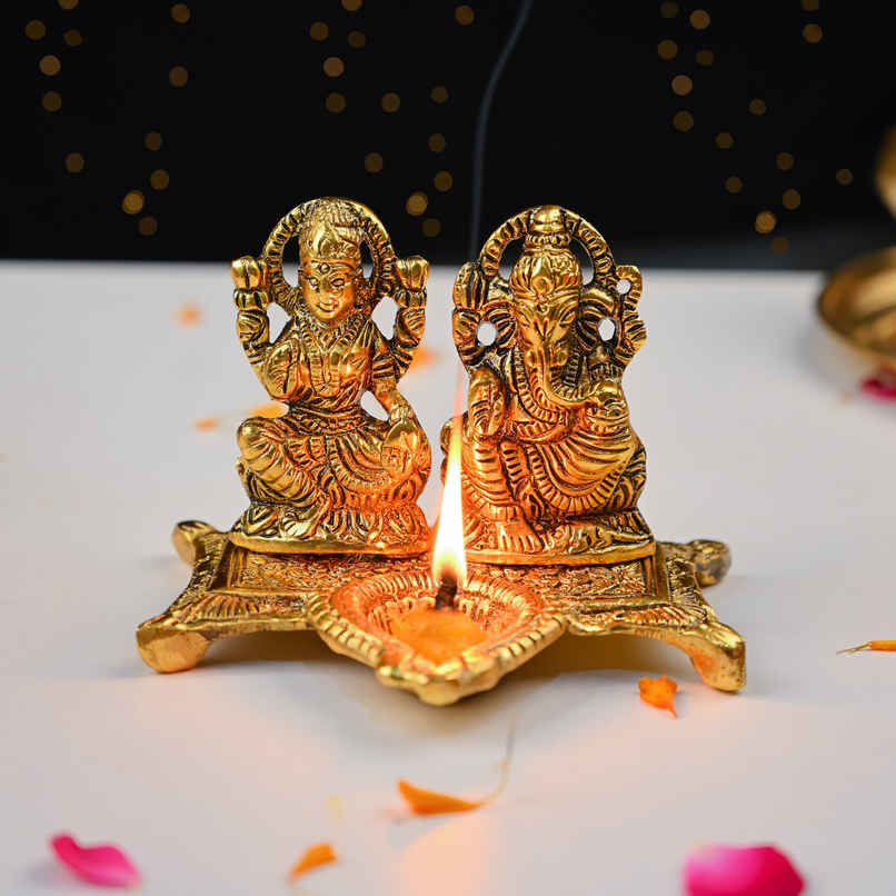 HINDCRAFT Lakshmi Ganesh Idol with Diya | Brass Finish Showpiece for Puja & Diwali Gift