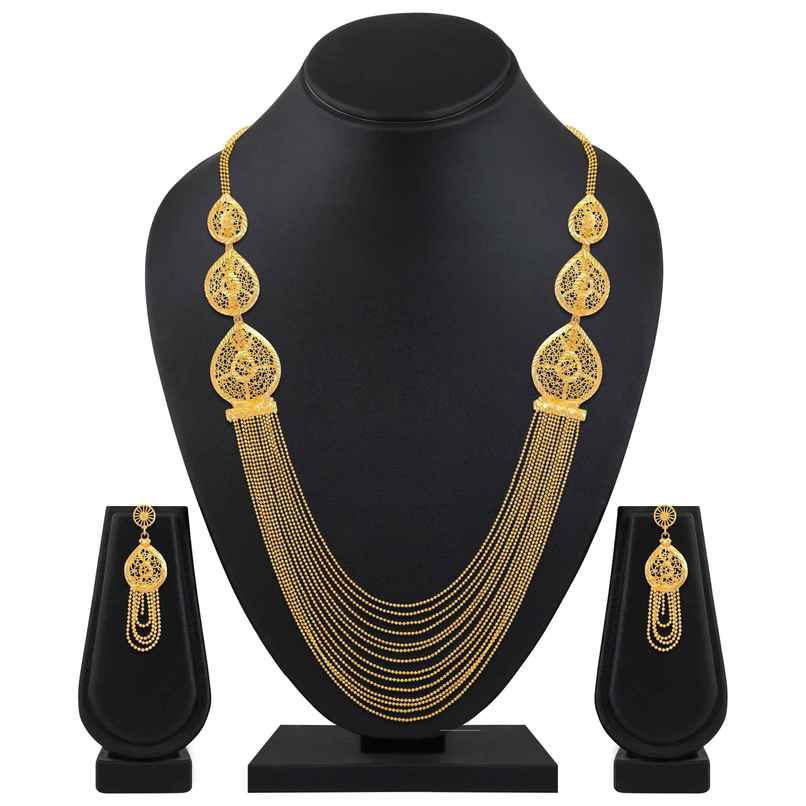 Shining Diva Fashion Long Chain One Gram Gold Plated Traditional Jewellery Set for Women | 11749s Shining Diva Fashion Long Chain One Gram Gold Plated Traditional Jewellery Set for Women | 11749s