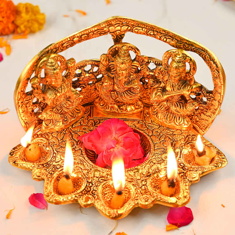 HINDCRAFT Laxmi Ganesh Saraswati Diya | Golden Metal Oil Lamp for Puja & Diwali Gift