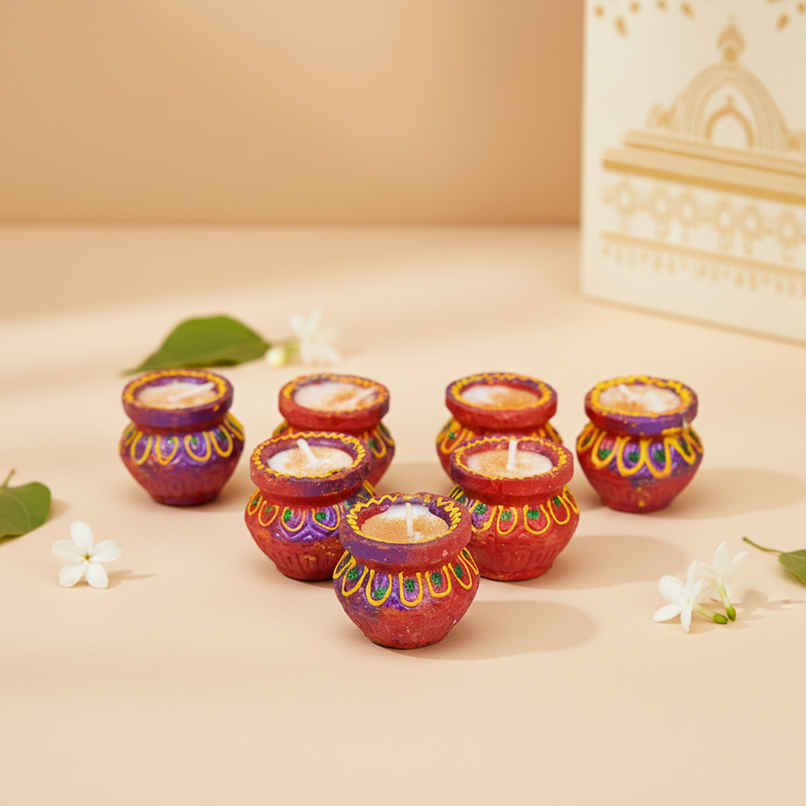 Wax Filled Deep Handi Clay Diyas | Assorted | Pack Of 7 | Designer Clay Diya | Pan Aromas