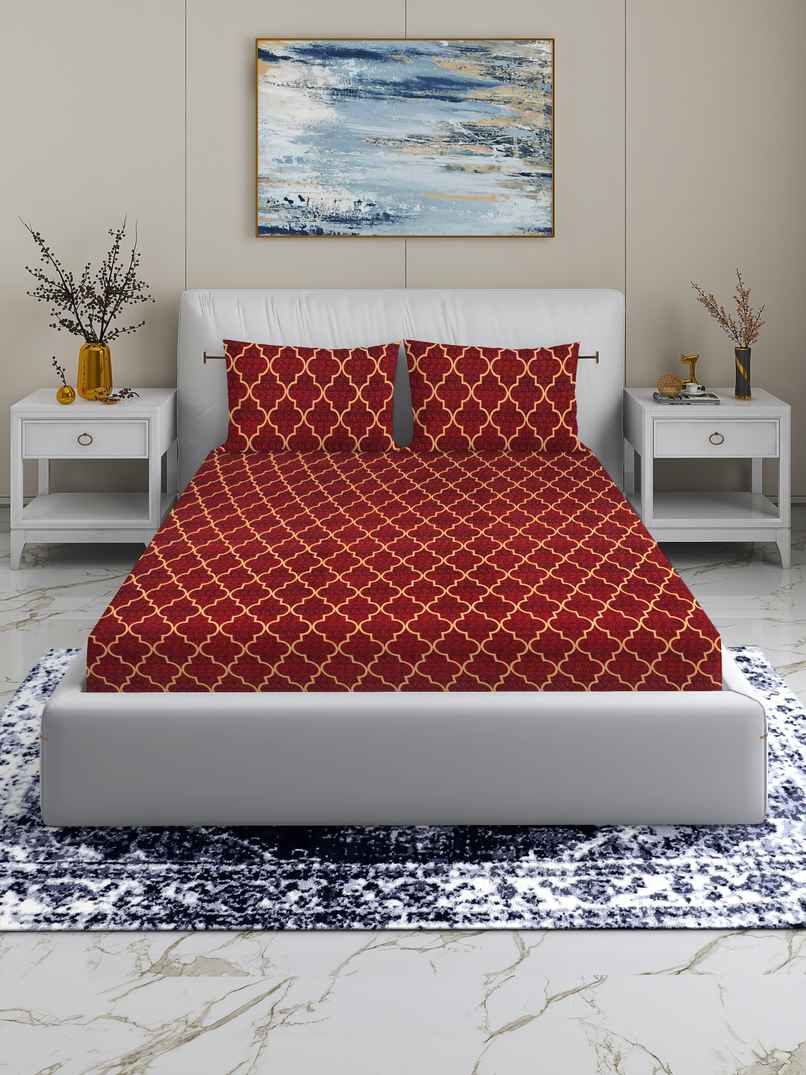Homeharmony Double Ethnic Bedsheet with 2 Pillow Covers | Red & Yellow Pattern | 87 x 98 in
