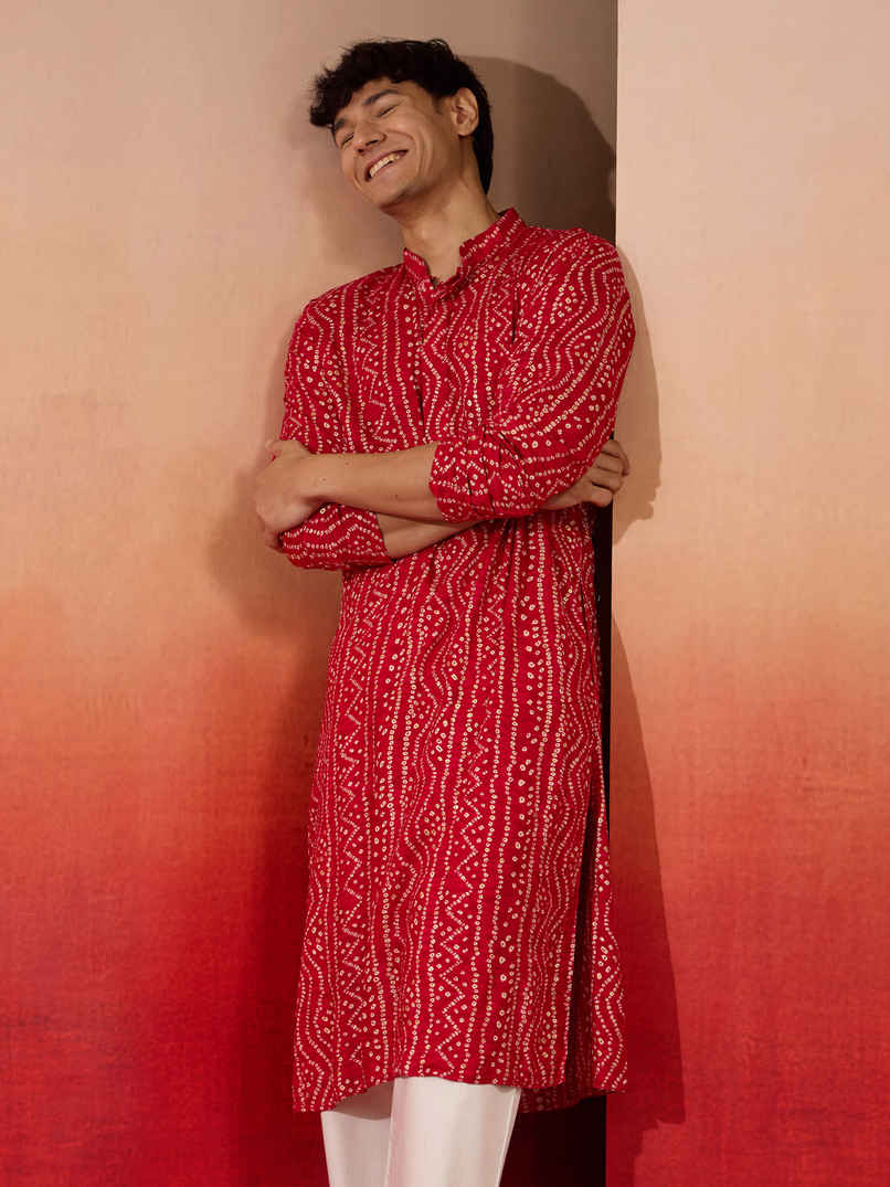 Vastramay Men's Pink Bandhani Rayon Kurta | M Vastramay Men's Pink Bandhani Rayon Kurta | M