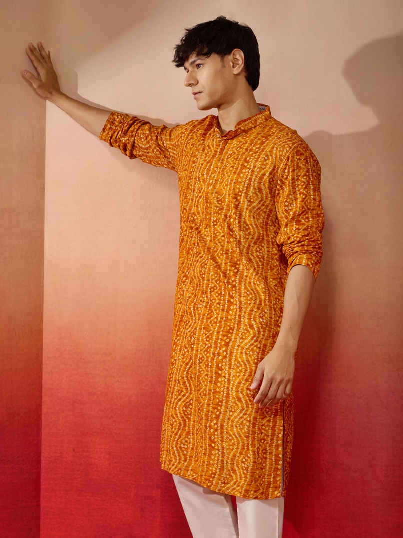 Vastramay Men's Mustard Bandhani Rayon Kurta | S Vastramay Men's Mustard Bandhani Rayon Kurta | S