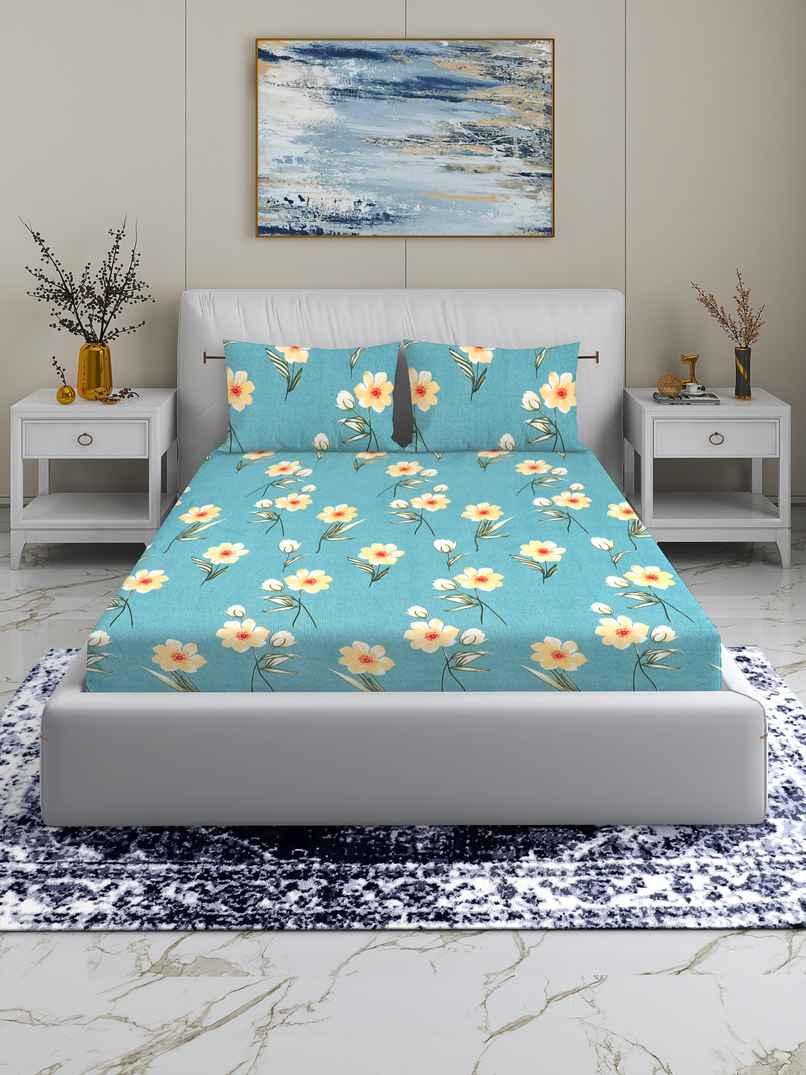 Homeharmony Floral Double Bedsheet | With 2 Pillow Covers | Sky Blue | 87 x 98 in