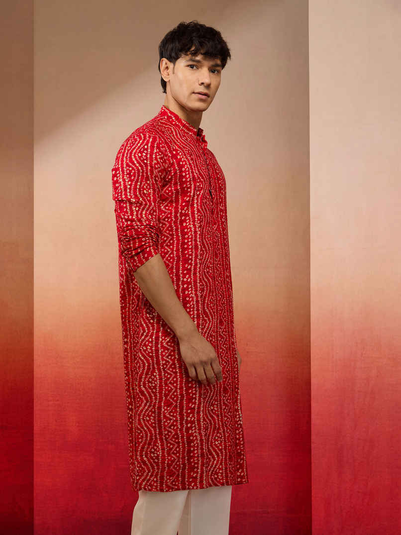 Vastramay Men's Red Bandhani Rayon Kurta | L Vastramay Men's Red Bandhani Rayon Kurta | L