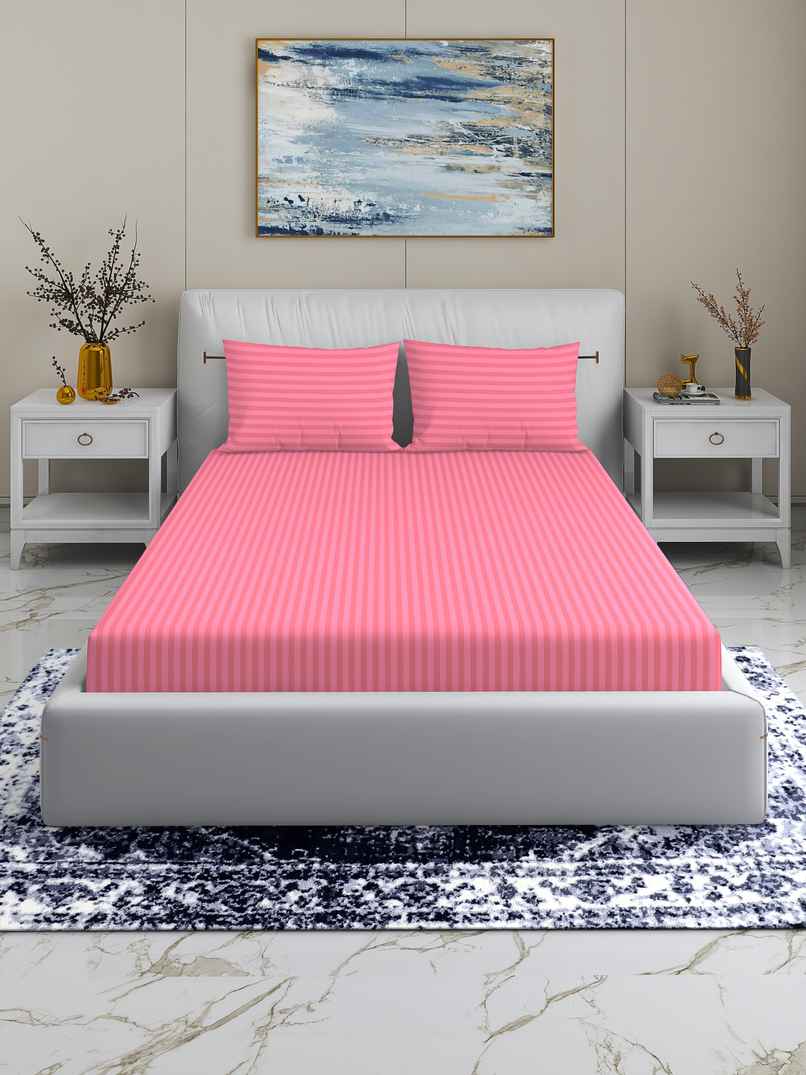 Homeharmony Double Plain Red Lining Bedsheet | With 2 Pillow Covers | Pink | 87 x 98 in