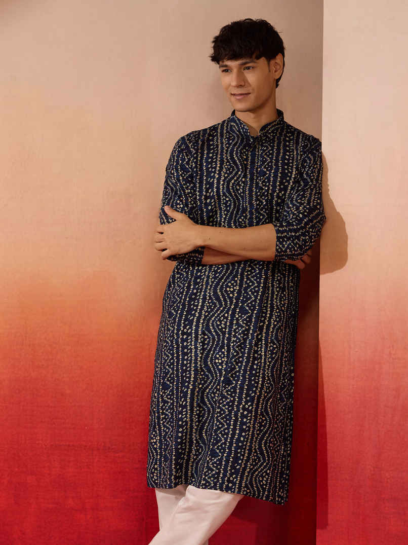 Vastramay Men's Navy Blue Bandhani Rayon Kurta | M Vastramay Men's Navy Blue Bandhani Rayon Kurta | M