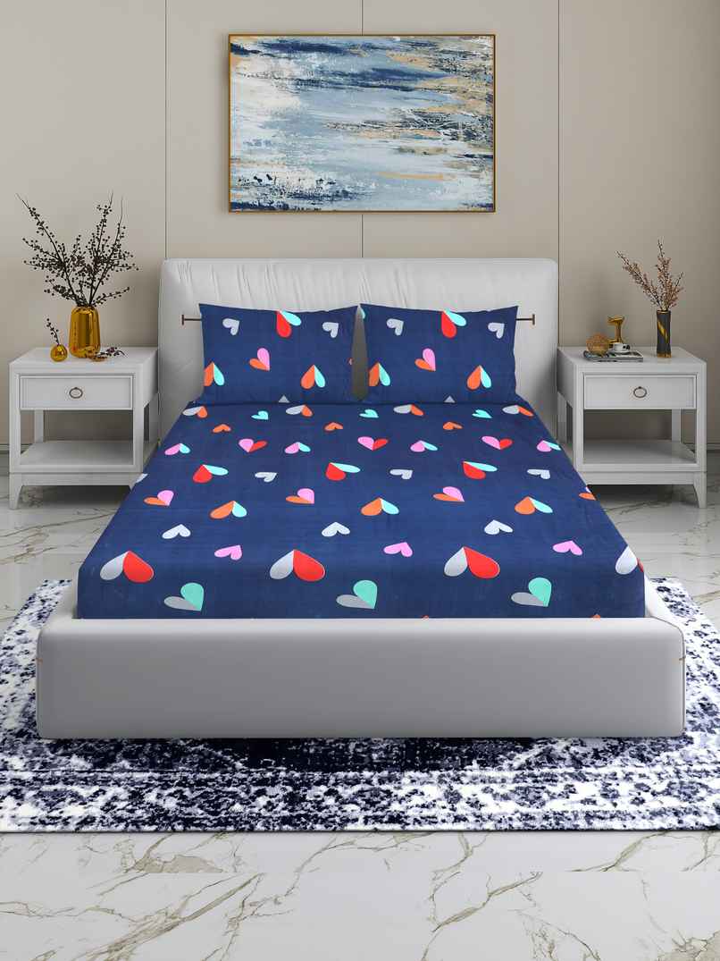 Homeharmony Blue Heart Double Bedsheet with 2 Pillow Covers | Blue | 87 x 98 in
