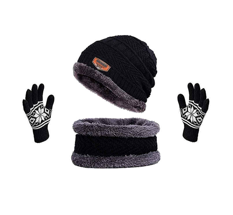 Infispace Unisex Winter Woolen Earmuff Beanie Knitted Cap Neck Set With Printed Gloves | Black