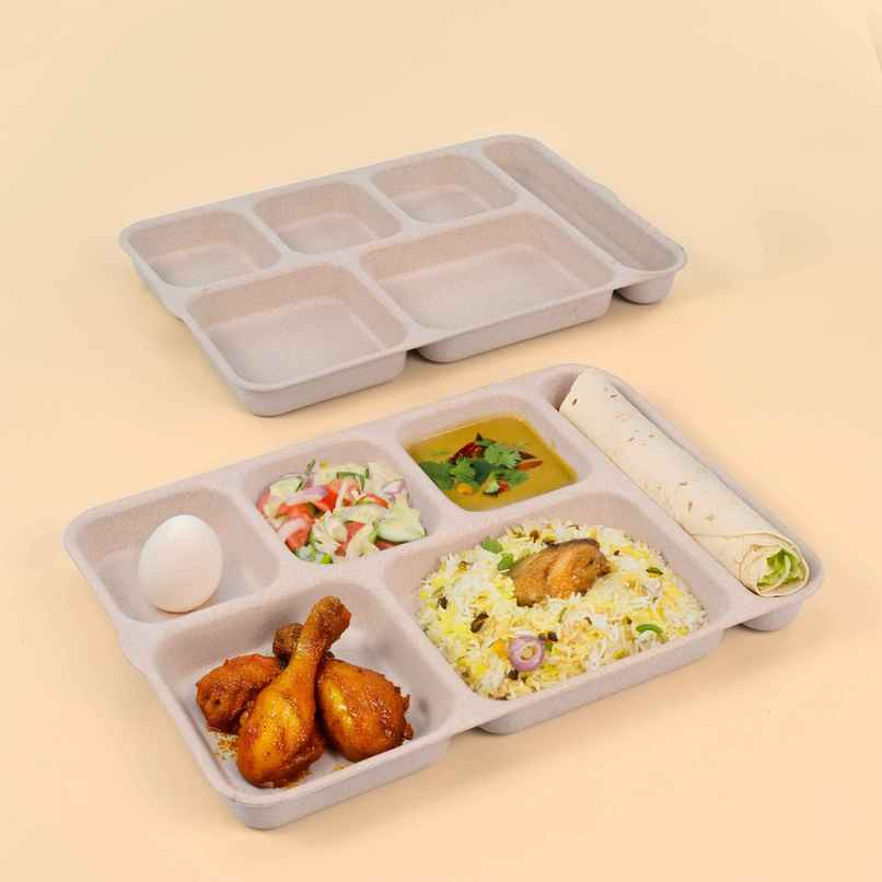 Eha Earth Friendly 6 Partition Plates | Set Of 2 | Made With Rice Husk Biocomposite |Sand