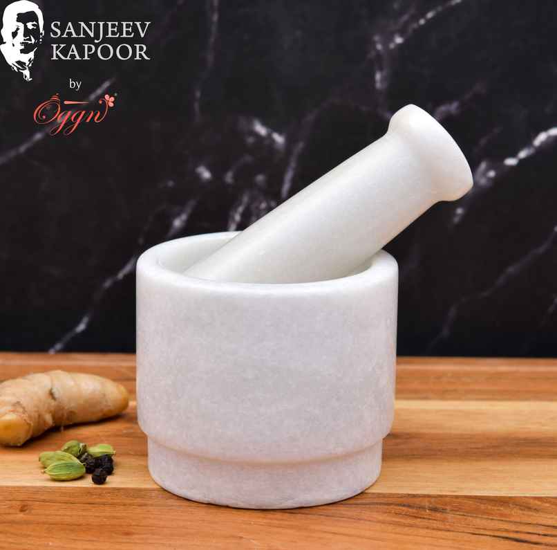 Sanjeev Kapoor by OGGN White Marble 2 Side Mortar and Pestle Set, for Grinding Spices - 3x2 Inch