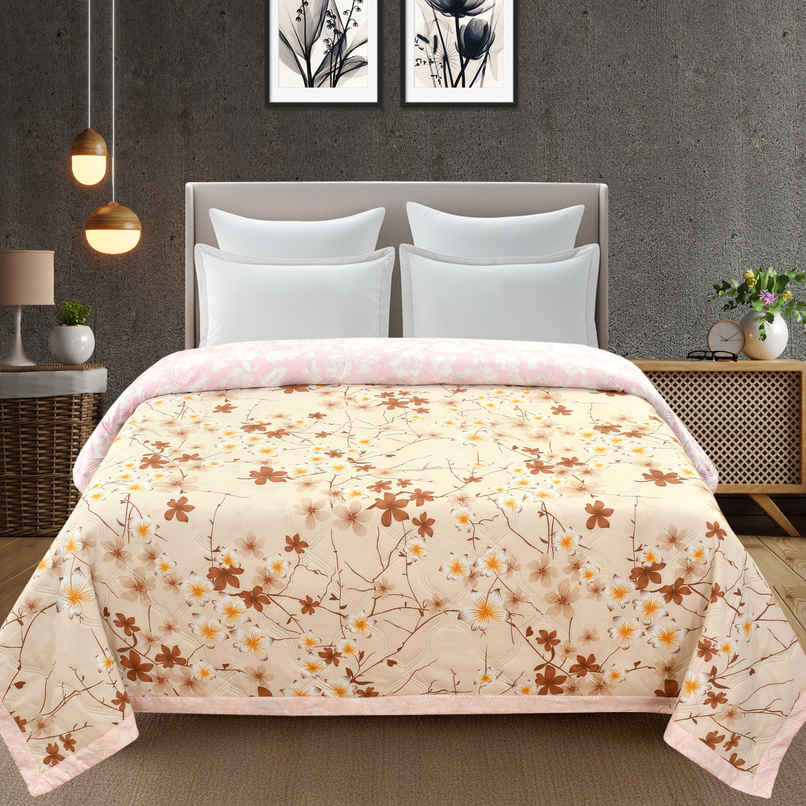Furnofy Ultrasonic Comforter King Size Light Weight | Microfibre |Beige & Pink Autum - 80 x 90 in