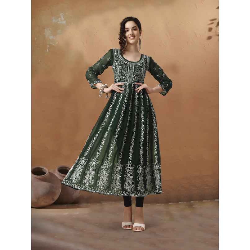 Youthnic Georgette Chikankari Embroidery Anarkali Kurta | B19 - Apsara Bottle Green | L Youthnic Georgette Chikankari Embroidery Anarkali Kurta | B19 - Apsara Bottle Green | L