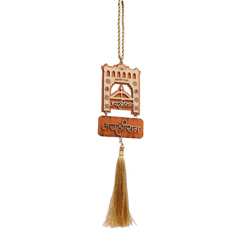 Divine Vibes Khatu Shyam Dwar Wooden Car Dashboard Hanging Orange Colour