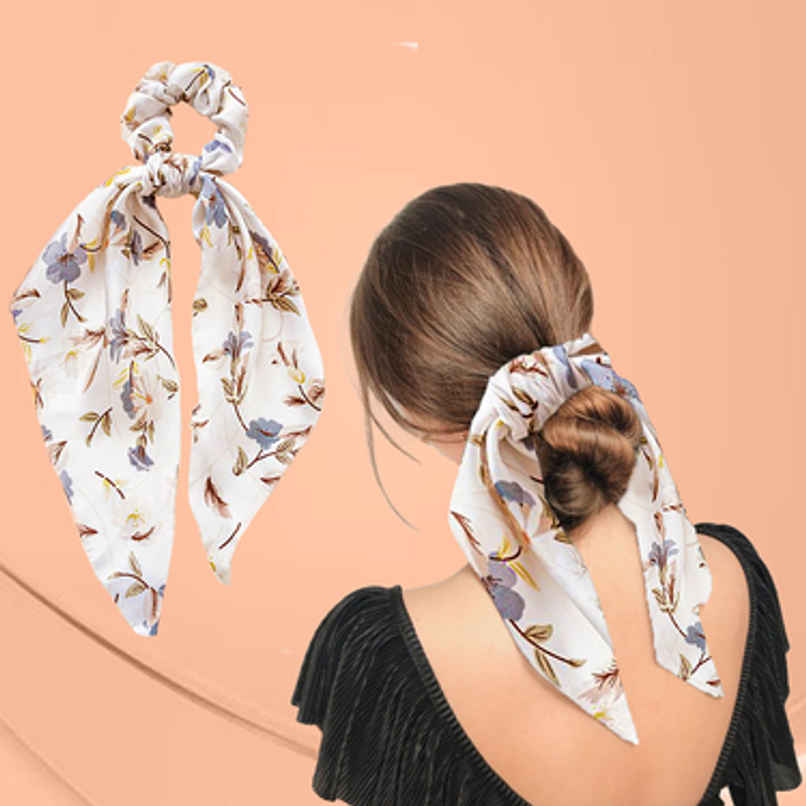 Majestique Printed Satin Hair Scarf Scrunchie | Elastic Bow Scrunchie | White Majestique Printed Satin Hair Scarf Scrunchie | Elastic Bow Scrunchie | White